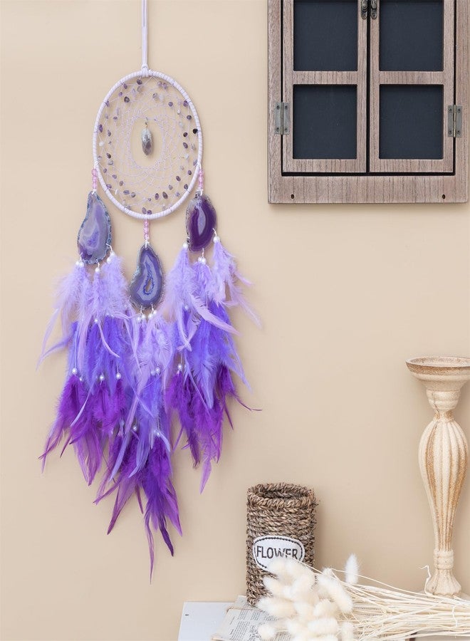 KHOYIME Agate Dream Catcher, Handmade Feather Dreamcatcher with Healing Crystal Stone Natural Gemstone Dream Catchers, Wall Art Hanging Decor Home Ornaments Craft Gift for Girls Adult Bedroom (Purple) - Image 4
